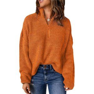 Orange Waffle Knit Long Sleeve 1/4 Zip Pullover Polo V-Neck Sweater